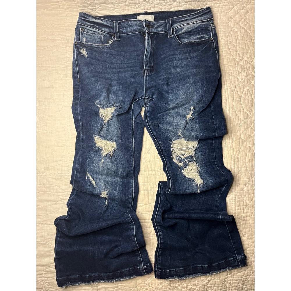 Petra 153 Los Angeles Distressed Flare Jeans Dark Wash Raw Hem Size 13/30